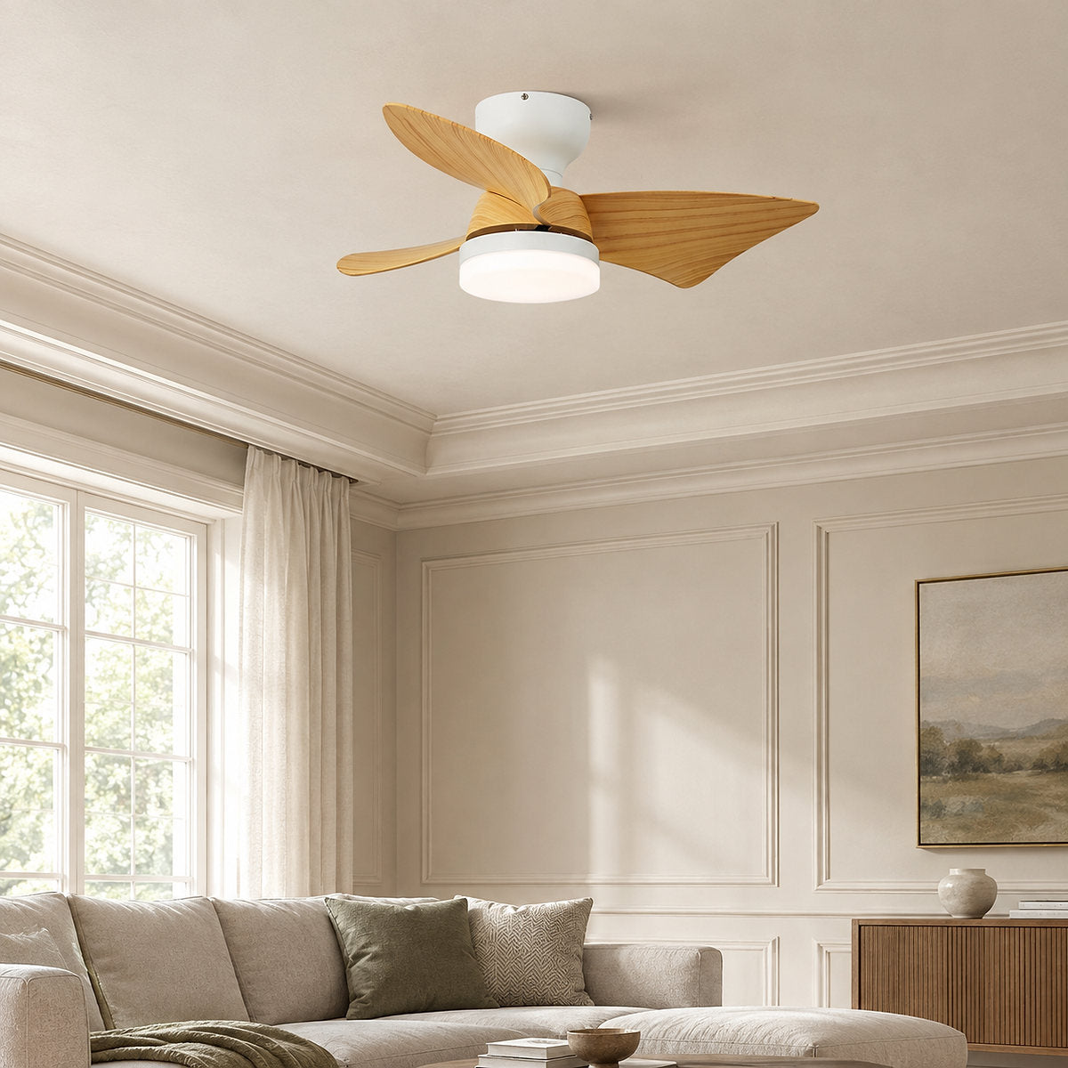 Calix 28" Ceiling Fan Light, 28-Inch x H 9.8-Inch, Model A Natural Wood Grain & White, Three-Color Light for Living Room