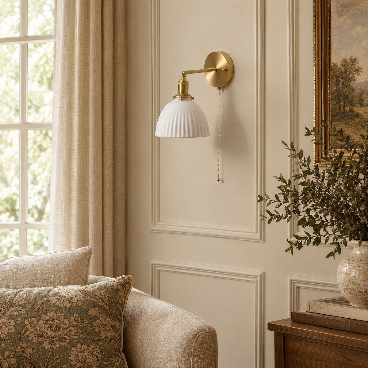 Brass Pleated Ceramic Wall Lamp, 6.7-Inch x H 9.1-Inch, Brass & White Ceramic for Living Room