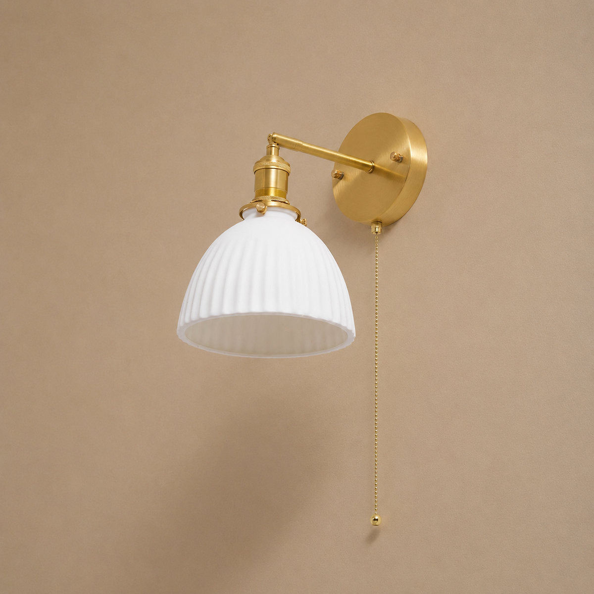 Brass Pleated Ceramic Wall Lamp, 6.7-Inch x H 9.1-Inch, Brass & White Ceramic for Living Room