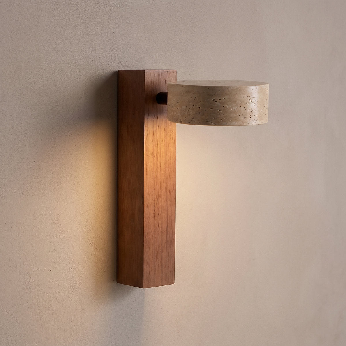 Grove Beam Wall Lamp, 3.9-Inch x H 9.1-Inch, Walnut wood & Yellow Travertine, Warm Light for Living Room & Dining Room