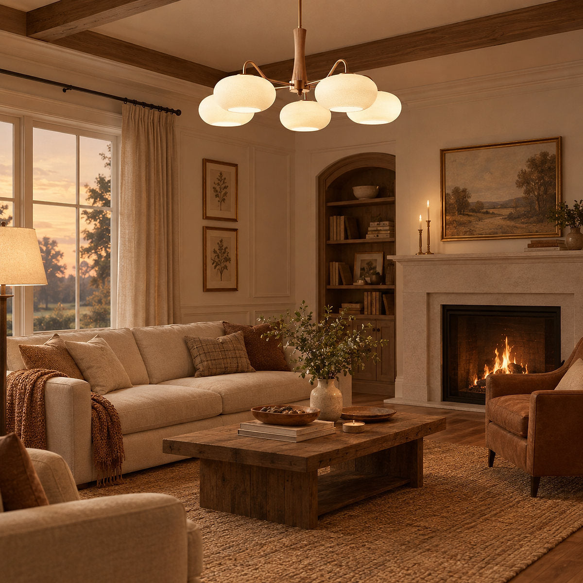 Round Brass and Wood Persimmon Chandelier