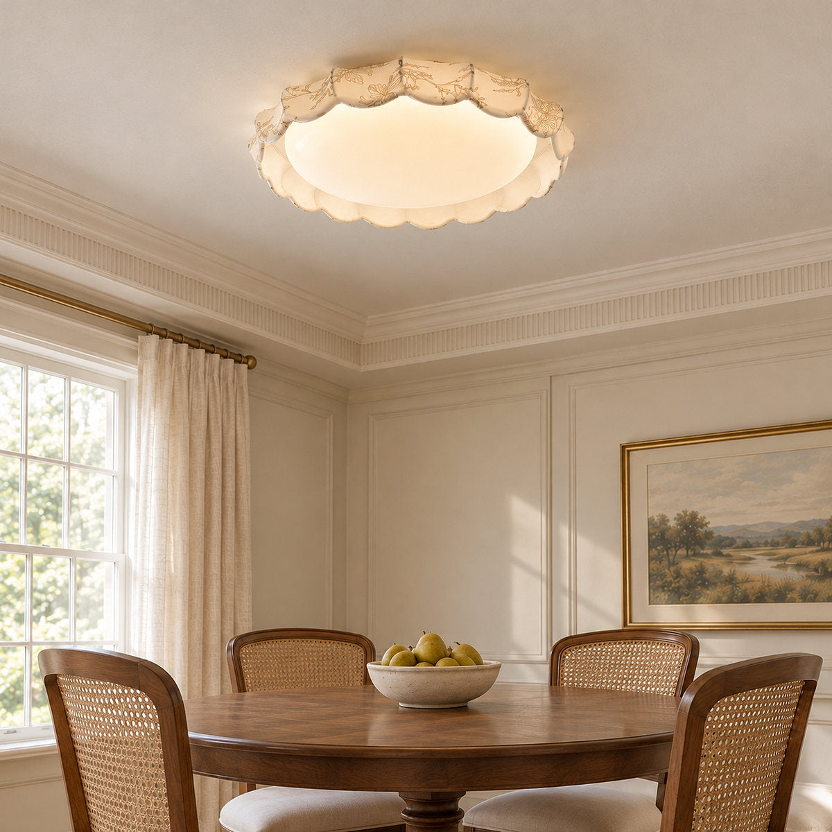 Scalloped White Fabric Flush Mount Ceiling Lamp