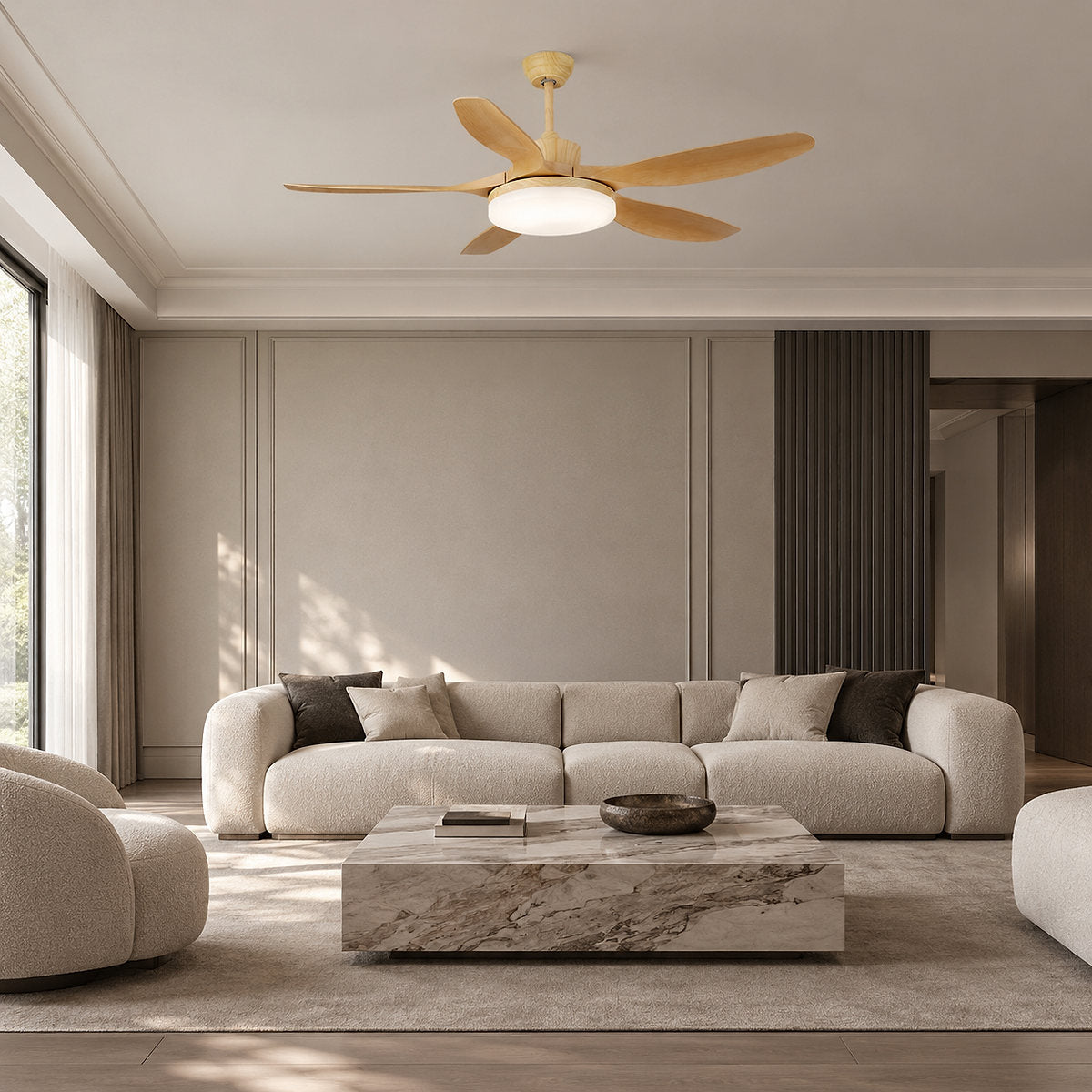 Keltis 48"/52" Ceiling Fan Light, 48~52-Inch x H 11.8-Inch, Model F Natural Wood Grain (ABS blades), Three-Color Light for Living Room