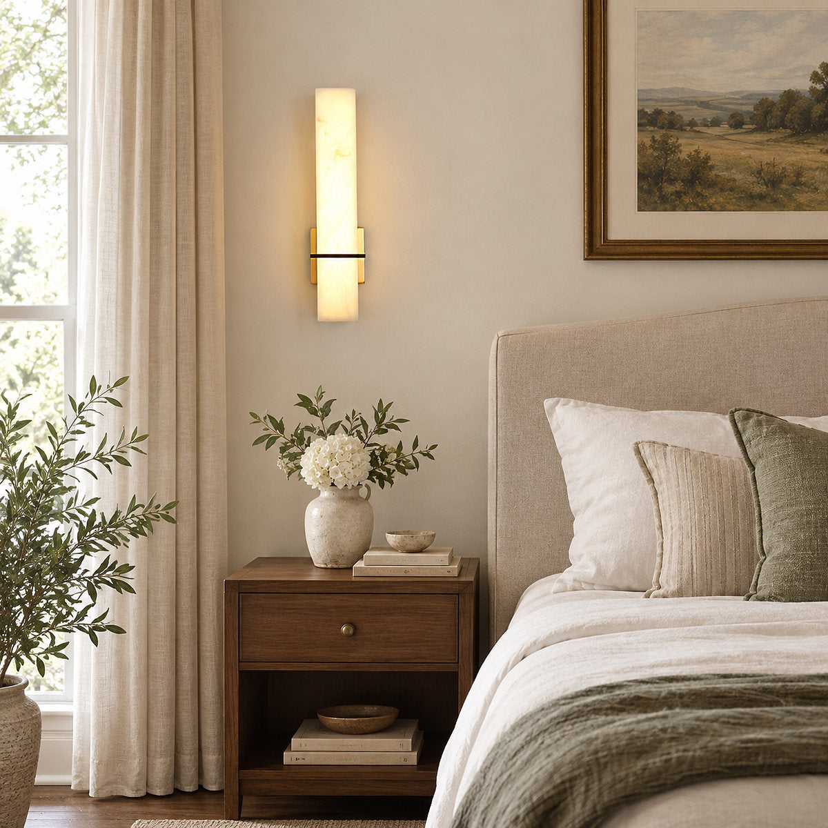 Milan Alabaster Wall Lamp, 4.7-Inch x H 18.9-Inch, Brass & White, Triac Warm Dimming for Living Room & Dining Room