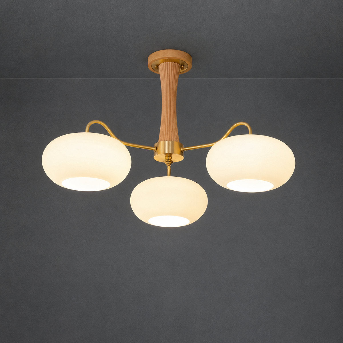 Round Brass and Wood Persimmon Chandelier