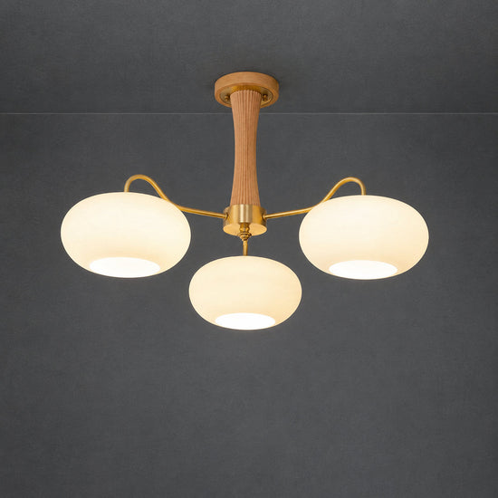 Round Brass and Wood Persimmon Chandelier