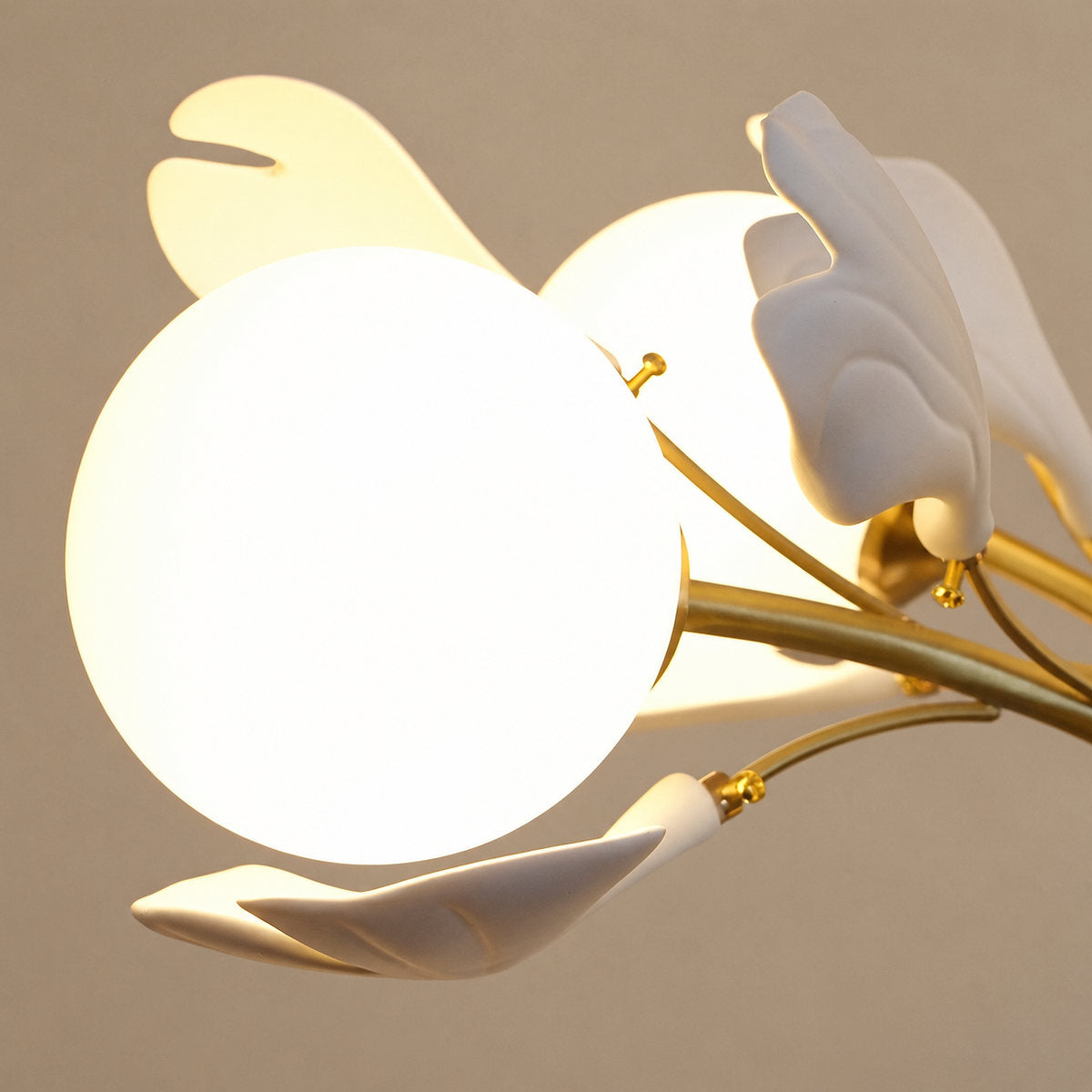 Brass Branch Chandelier with Ceramic Leaves