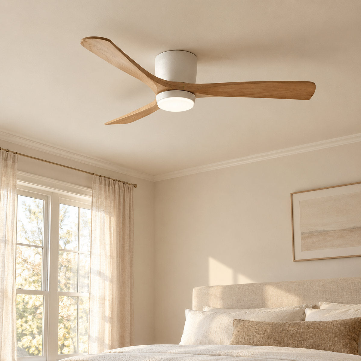Nordic Wooden Ceiling Fan Light, 42-Inch x H 11-Inch, White & Natural Wood, Power: ~18W & Warm Light for Living Room