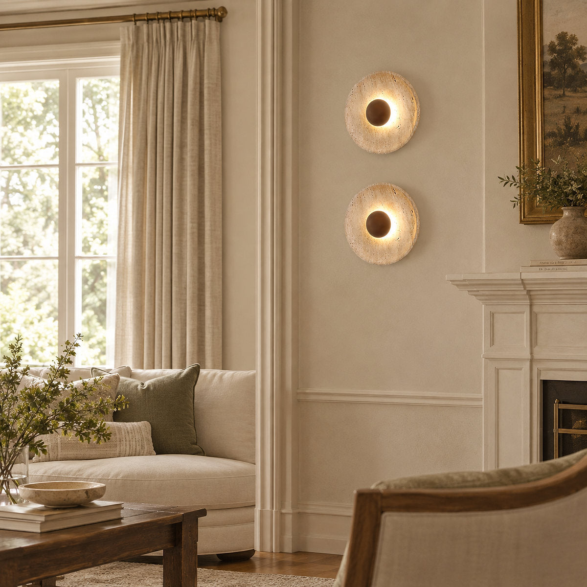 Halo Travertine Wall Lamp, 9.8-Inch x H 9.8-Inch, Wood & Yellow Travertine, Warm Light for Living Room & Dining Room