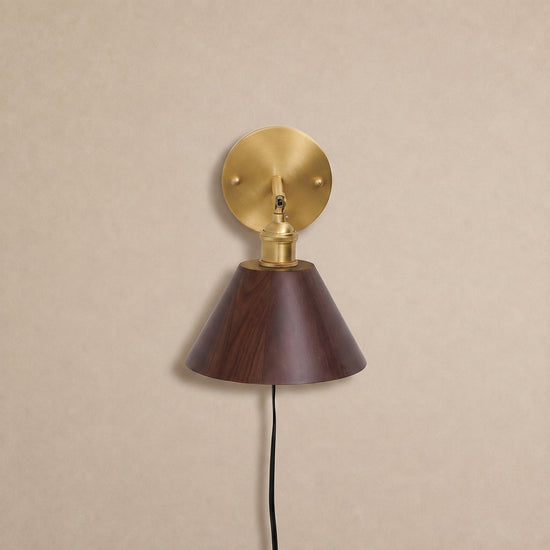 Vintage Wood Plug-in Wall Lamp, 7.1-Inch x H 5.5-Inch, Brass & Walnut Wood, US Plug for Bedroom & Living Room