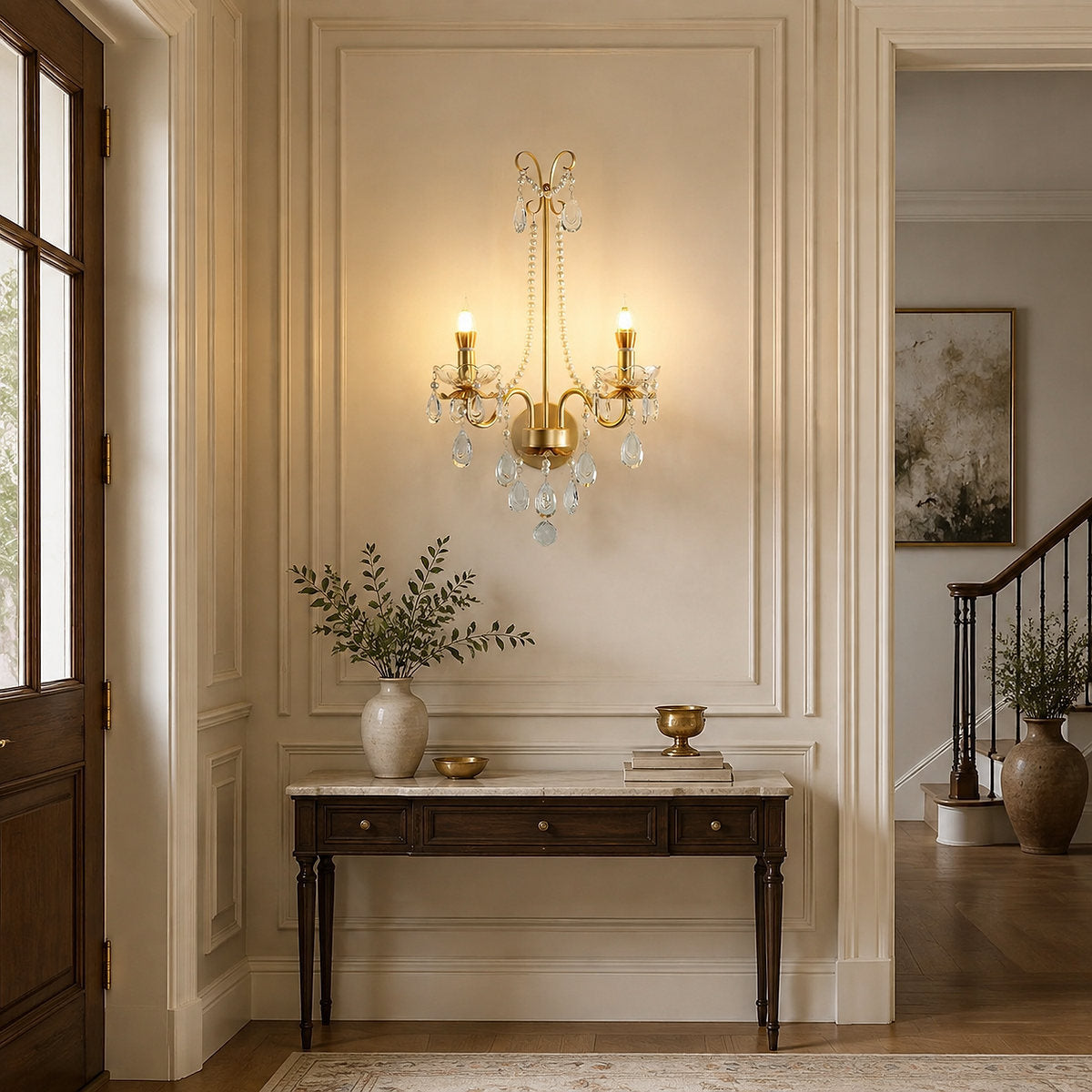 Crystal Pearl Chain Wall Lamp, 16.8-Inch x H 25.2-Inch, Gold & Clear for Living Room