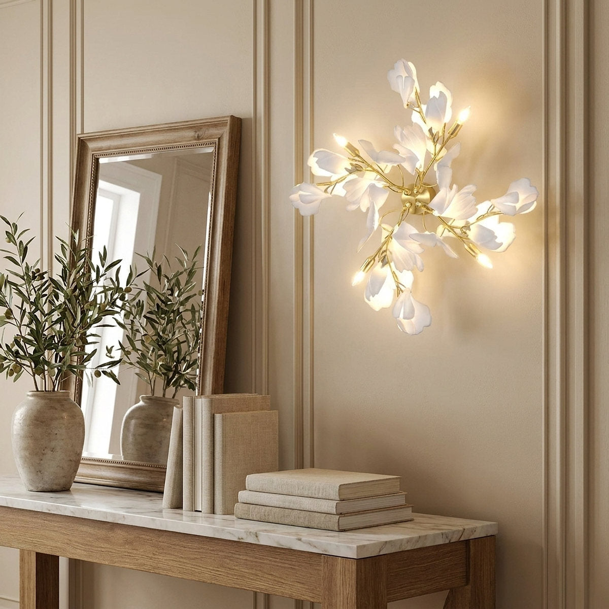 Gingko Flowers Wall Lamp, 11.8-Inch x H 23.6-Inch, Gold & White for Living Room & Dining Room
