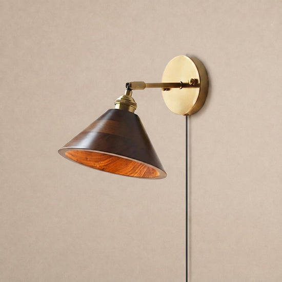 Vintage Wood Plug-in Wall Lamp, 7.1-Inch x H 5.5-Inch, Brass & Walnut Wood, US Plug for Bedroom & Living Room