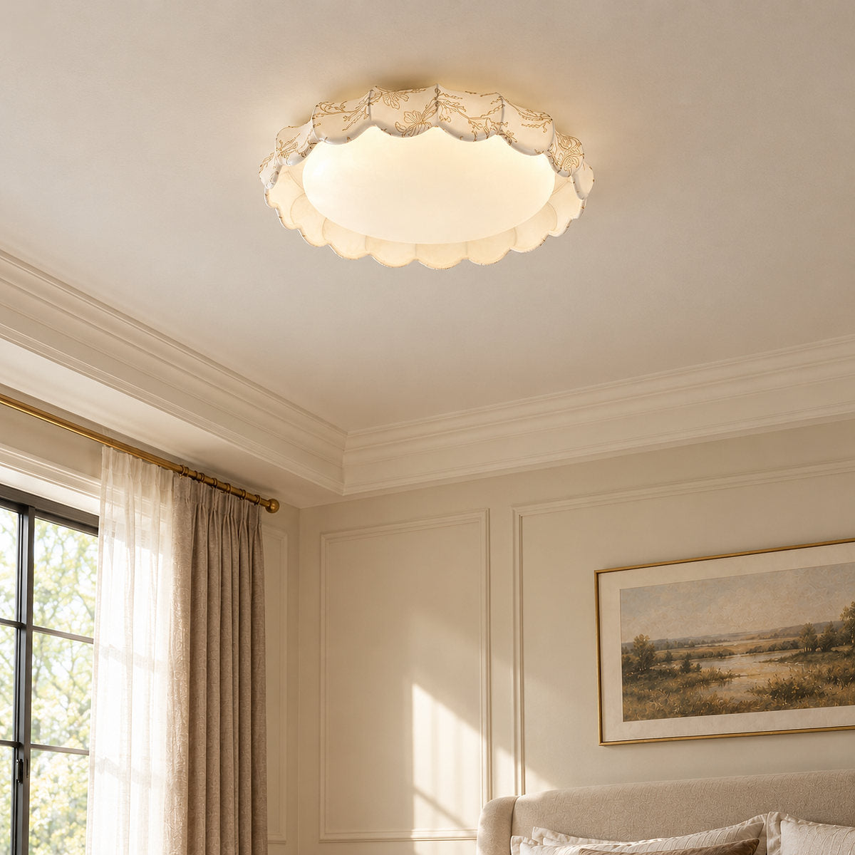 Scalloped White Fabric Flush Mount Ceiling Lamp