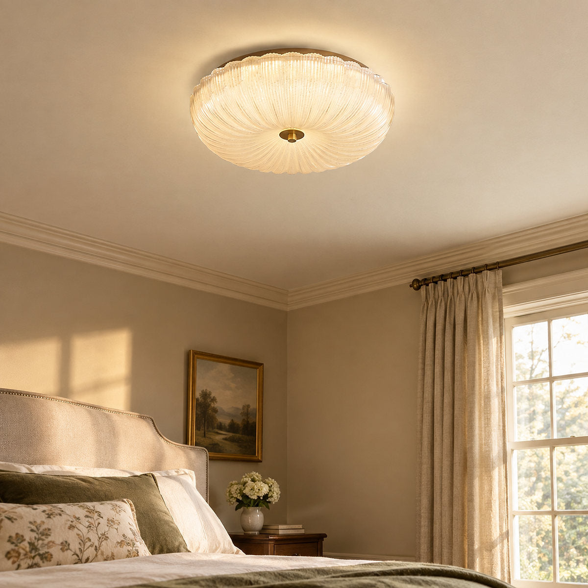 Ripple Glass Ceiling Light, 7.9-Inch x H 4.7-Inch, Gold & Frosted White, Warm Light for Living Room & Bedroom