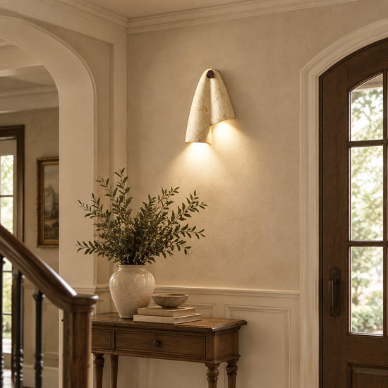 Velo Draped Stone Wall Lamp, 7.5-Inch x H 10.6-Inch, Yellow Travertine for Living Room & Dining Room
