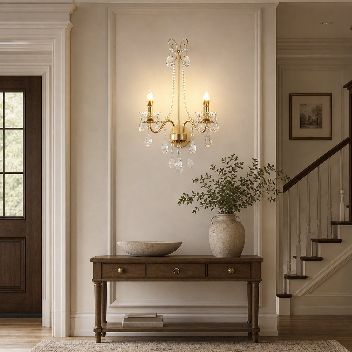Crystal Pearl Chain Wall Lamp, 16.8-Inch x H 25.2-Inch, Gold & Clear for Living Room
