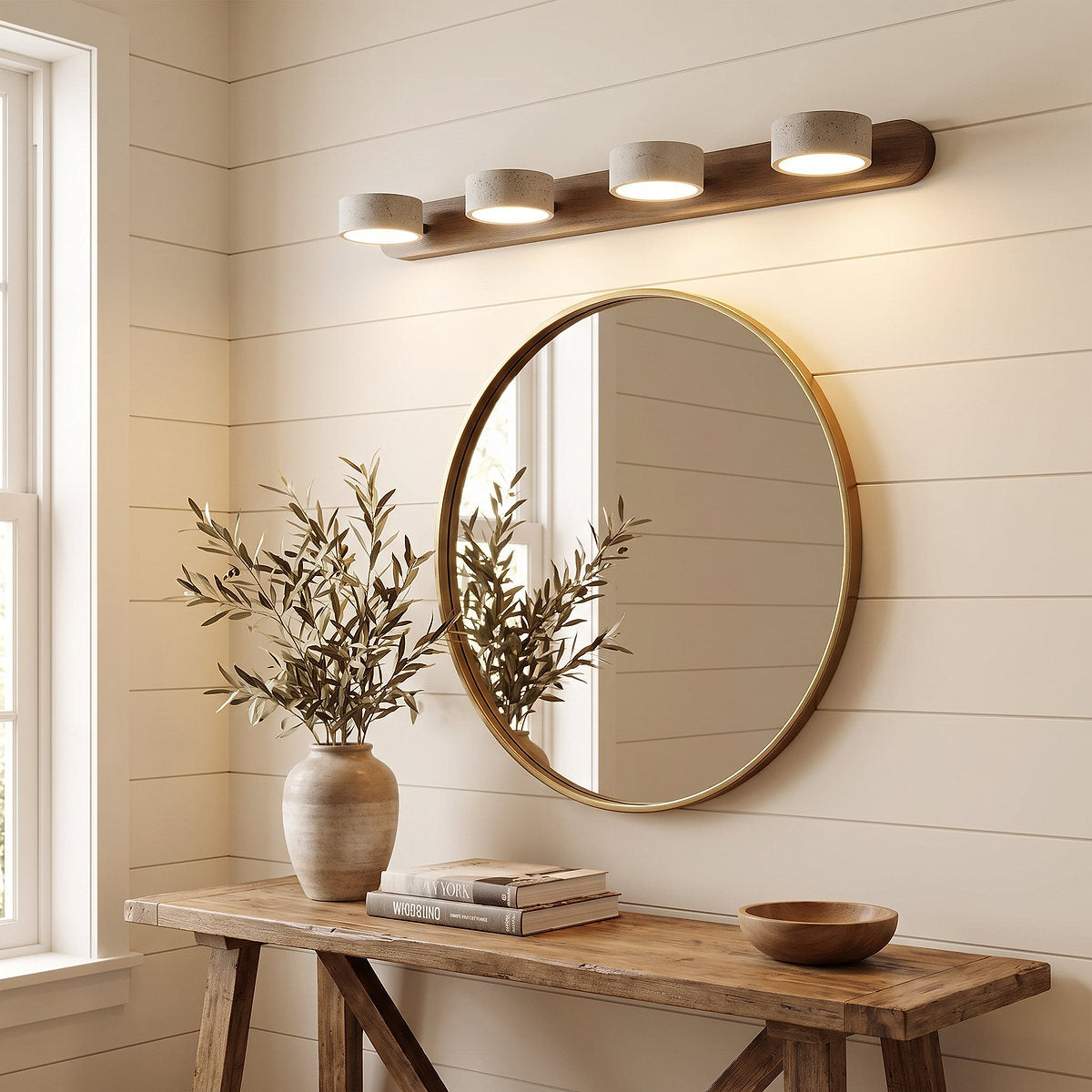 Travertine Duo Rechargeable Wall Lamp, 12.6-Inch ~27.6-Inch, Wood & Yellow Travertine, Three-Color Light & USB Charging for Bedroom & Living Room