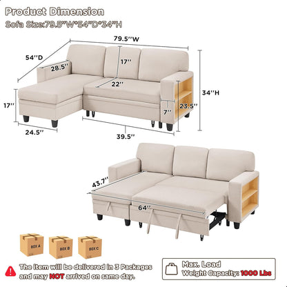 RedLemon Beige 80-Inch Sleeper Sofa Bed with Storage Chaise