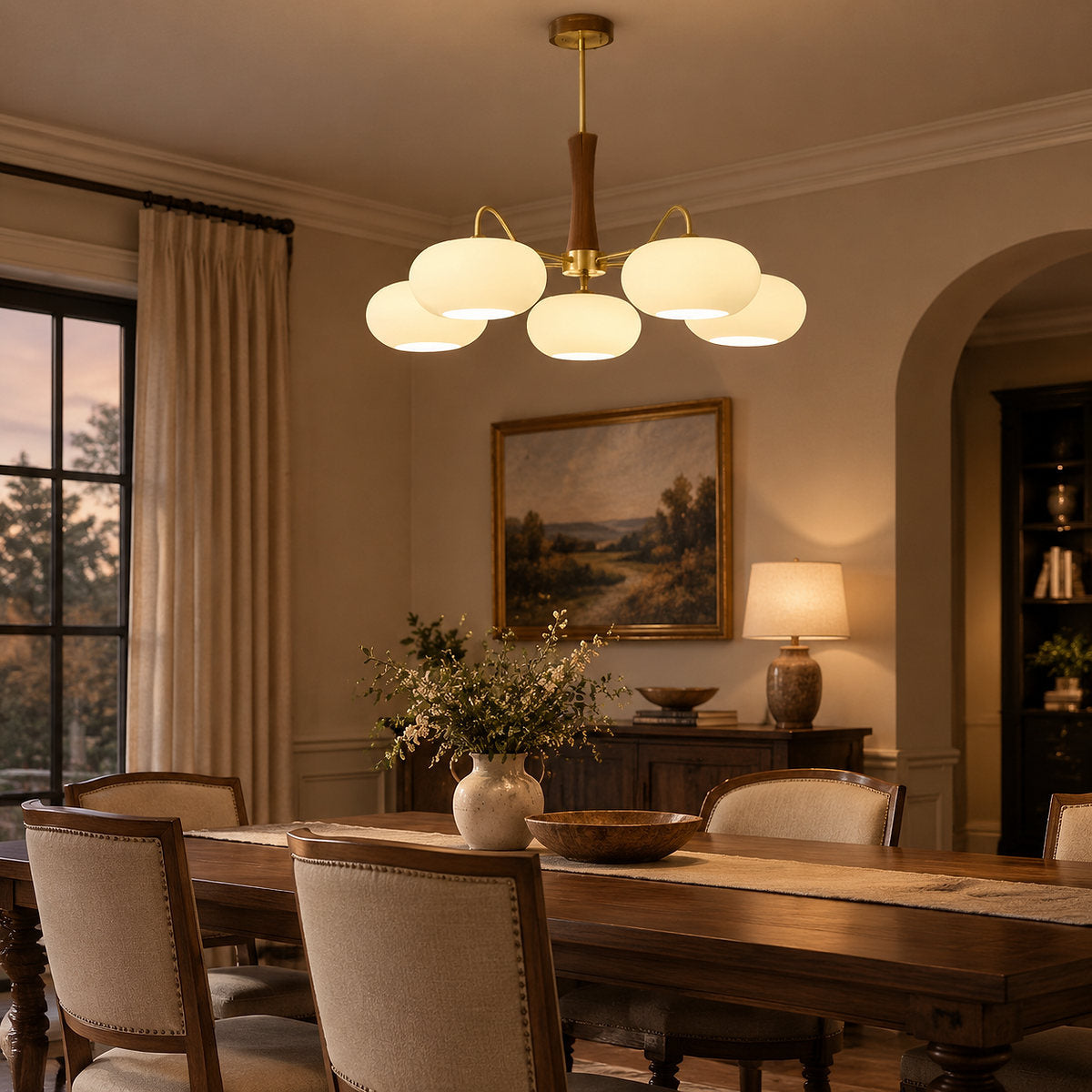 Round Brass and Wood Persimmon Chandelier