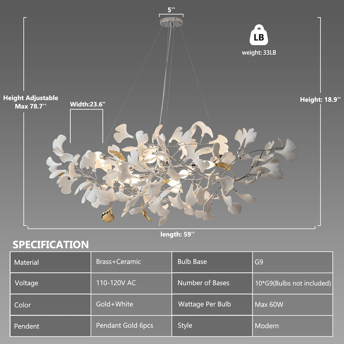Ceramic Ginkgo Leaf Chandelier 59"
