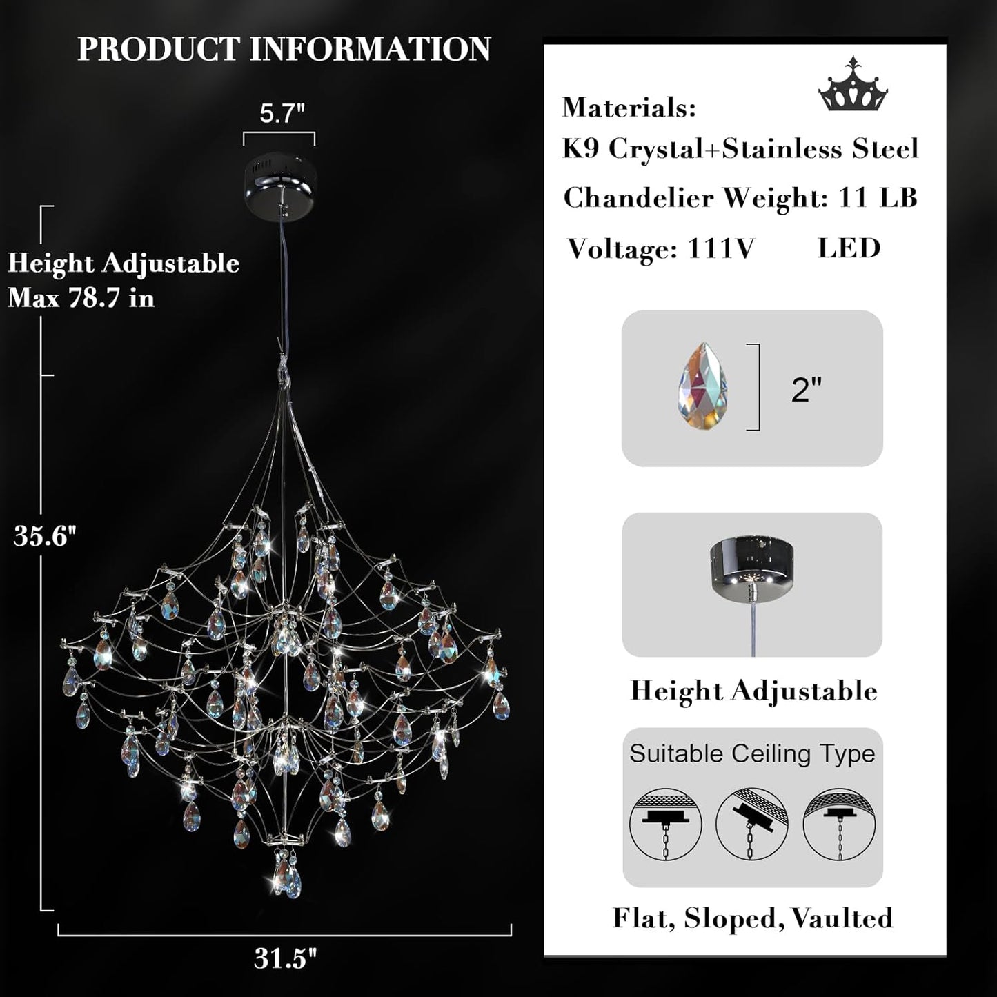 Modern Crystal Raindrop Chandelier - 31.5 Inch Silver