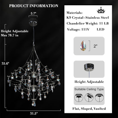Modern Crystal Raindrop Chandelier - 31.5 Inch Silver