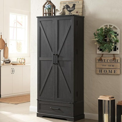72" Farmhouse Kitchen Pantry Cabinet with Drawer, Barn Door Design