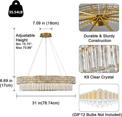 31-inch 12-lamp large living room crystal round gold chandelier
