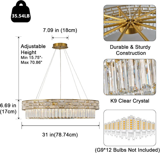 31-inch 12-lamp large living room crystal round gold chandelier