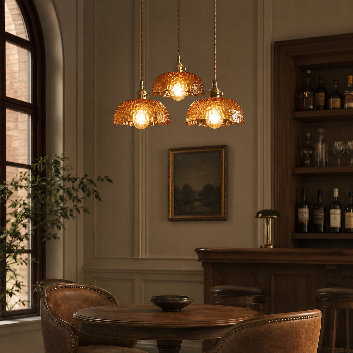 Artisanal Brown Blown Glass Brass Pendant for Dining Room & Living Room
