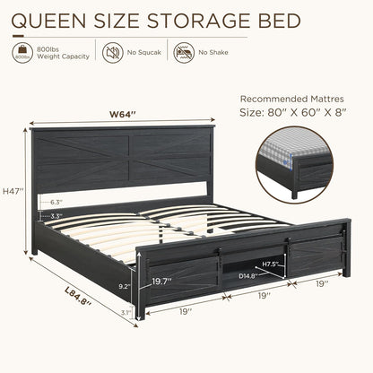 JXQTLINGMU Queen Farmhouse Bed Frame with Barn Door Headboard, Black