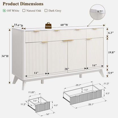 OKD 60" White Fluted Buffet Sideboard Cabinet with Storage