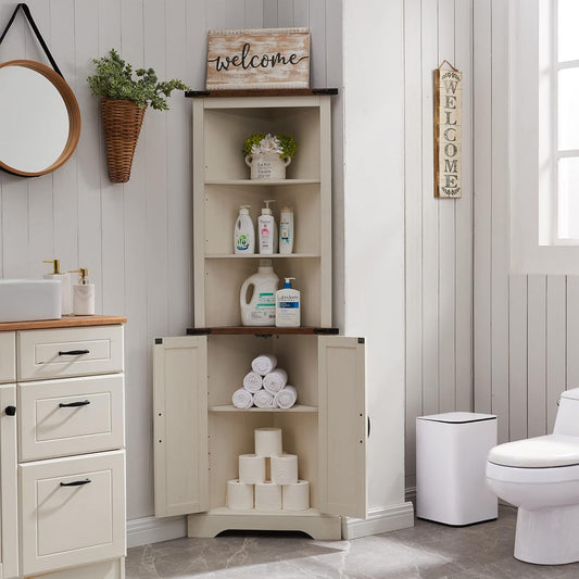 OKD Tall Corner Cabinet Farmhouse Storage Cabinet with Barn Door