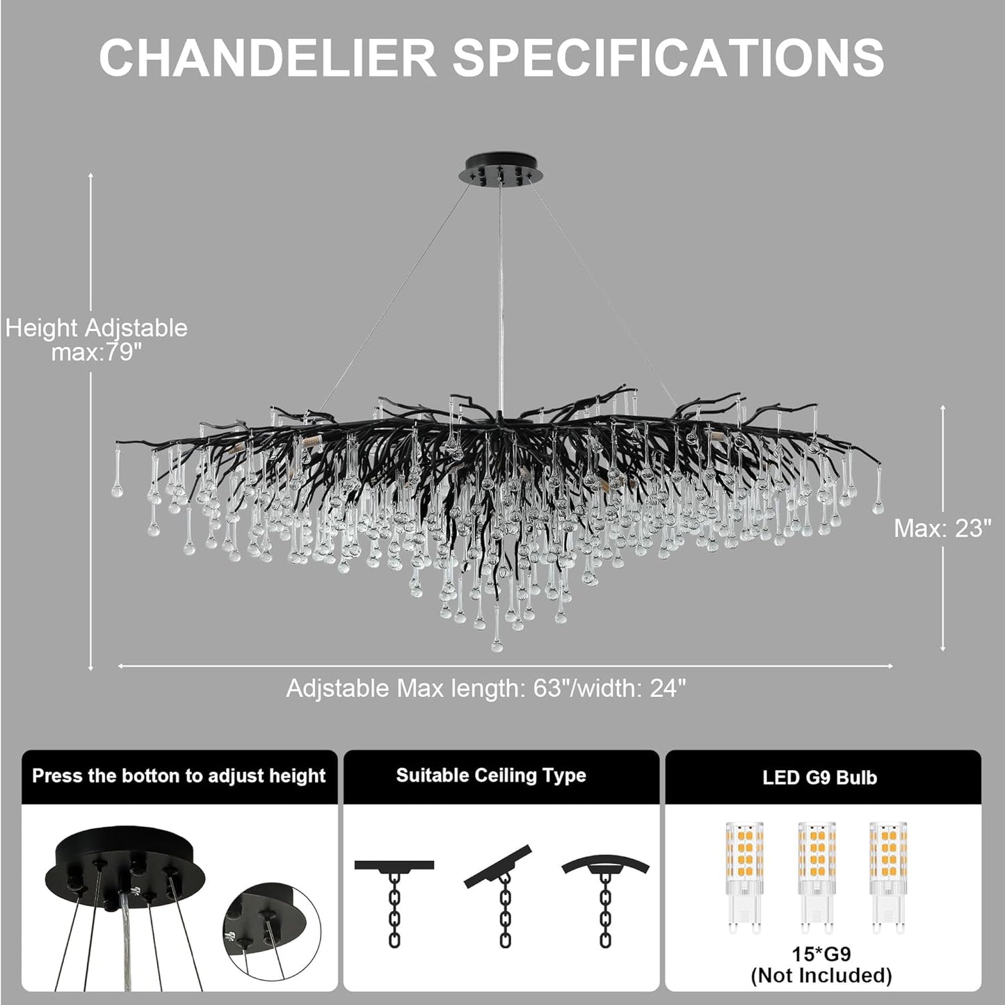 Modern Crystal Branch Chandelier 63"