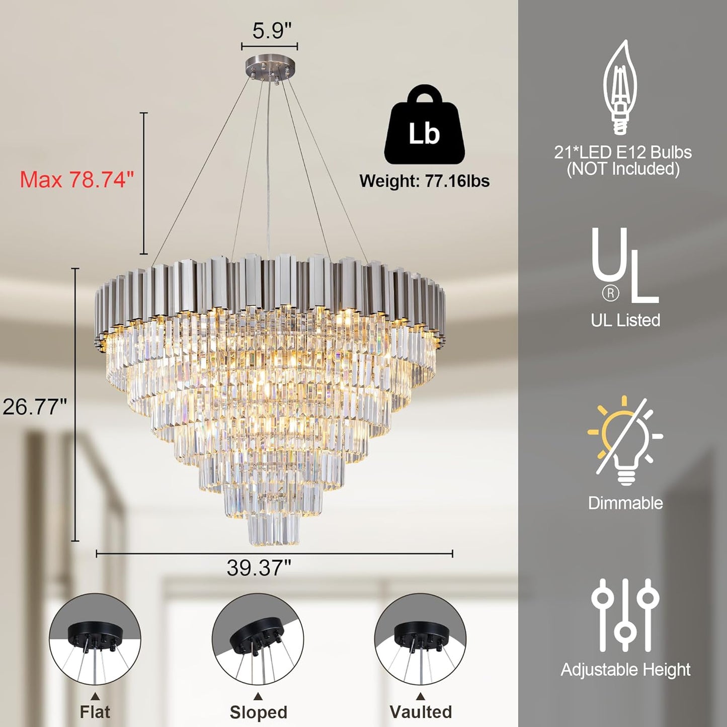7-Tier 39" Silver Chandelier, 21-Light Modern Crystal Chandelier