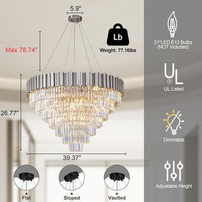 7-Tier 39" Silver Chandelier, 21-Light Modern Crystal Chandelier