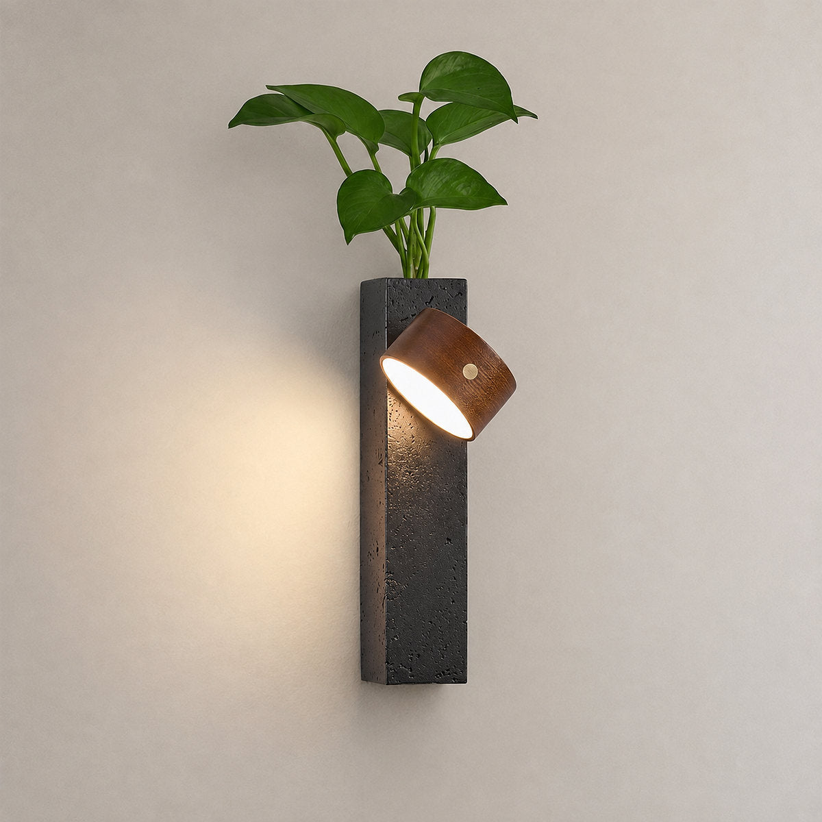 Verde Beam Rechargeable Wall Lamp, 2.8-Inch x H 9.1-Inch, Dark walnut & Black Travertine, Warm Light & USB Charging for Bedroom & Living Room