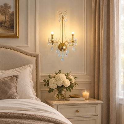 Crystal Pearl Chain Wall Lamp, 16.8-Inch x H 25.2-Inch, Gold & Clear for Living Room