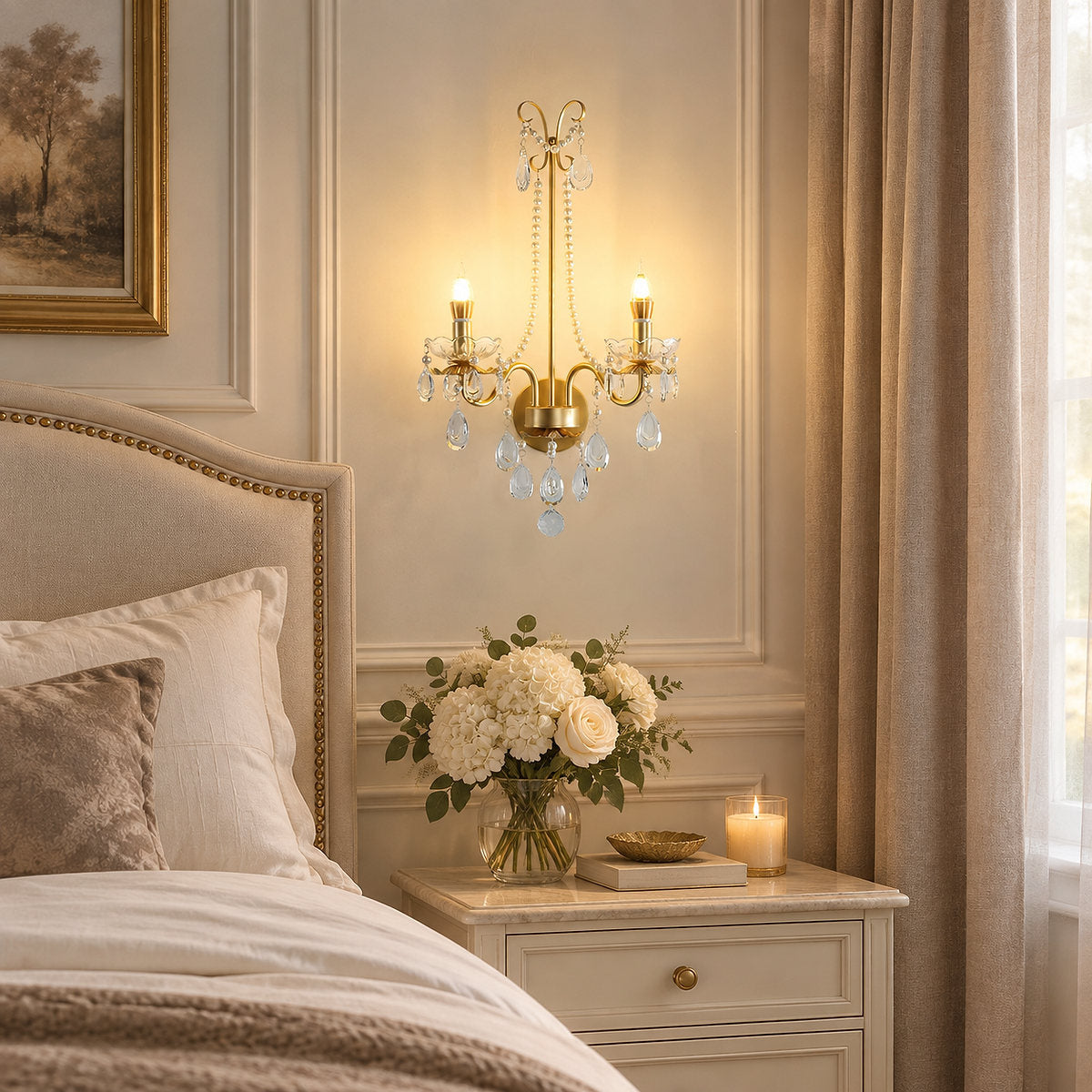 Crystal Pearl Chain Wall Lamp, 16.8-Inch x H 25.2-Inch, Gold & Clear for Living Room