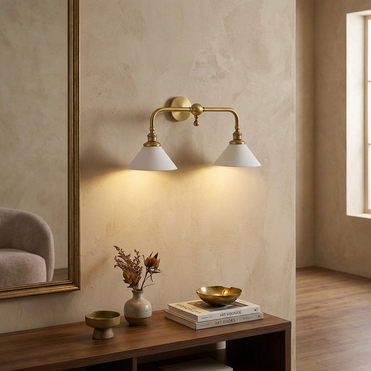 Bridgemont Wall Lamp, 9.1-Inch, Brass & White for Living Room