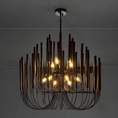 Tiered Wood and Curved Iron Chandelier