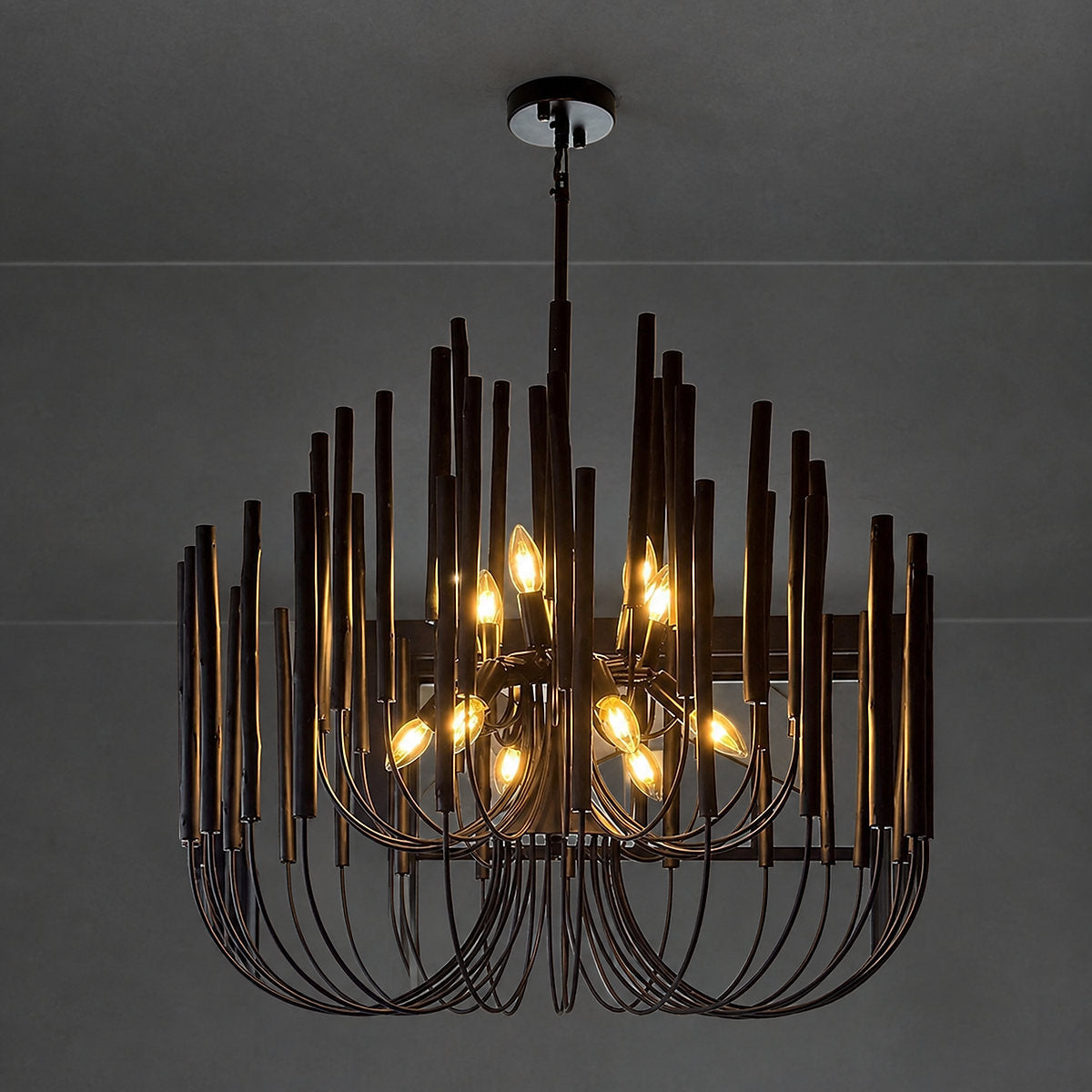 Tiered Wood and Curved Iron Chandelier