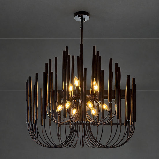 Tiered Wood and Curved Iron Chandelier