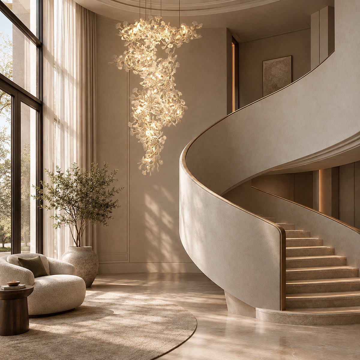 Tricolordeer Cascading Porcelain Leaf Spiral Chandelier