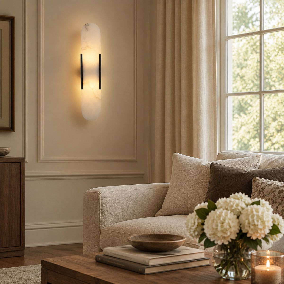 Oblong Alabaster Wall Lamp, 3.9-Inch x H 13.8~19.7-Inch, Black for Living Room & Dining Room