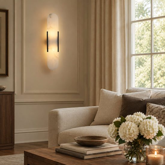 Oblong Alabaster Wall Lamp, 3.9-Inch x H 13.8~19.7-Inch, Black for Living Room & Dining Room