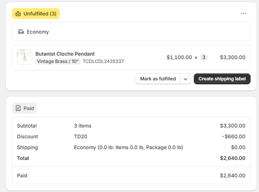 Price difference for order #NTD1015