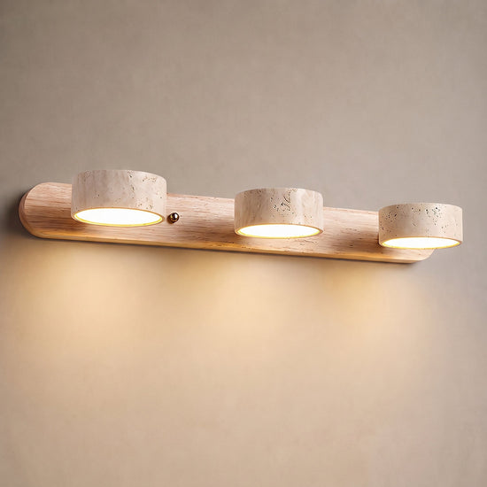 Travertine Duo Rechargeable Wall Lamp, 12.6-Inch ~27.6-Inch, Wood & Yellow Travertine, Three-Color Light & USB Charging for Bedroom & Living Room