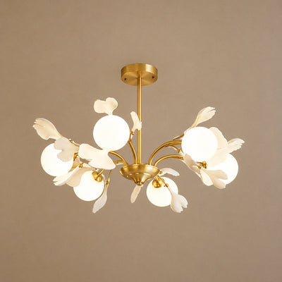 Brass Branch Chandelier with Ceramic Leaves